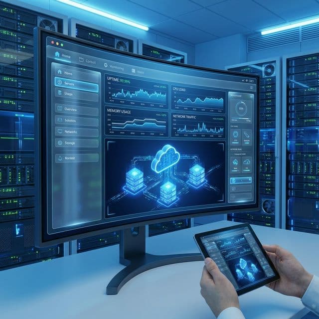 A server monitoring dashboard showing uptime, CPU load and network traffic in a data centre